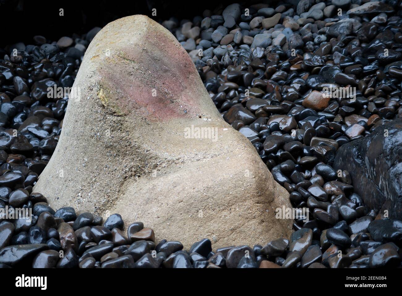 Ein großer weißer Felsen sitzt zwischen kleineren schwarzen. Stockfoto