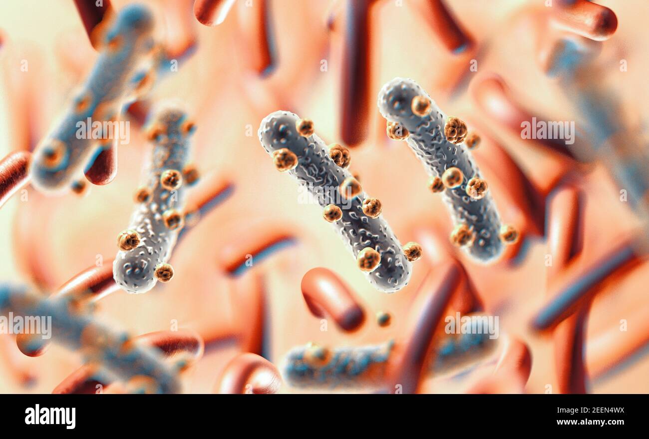 3D Abbildung eines mikroskopischen Bildes eines Virus oder einer Infektionskrankheit Zelle.Mikrobakterien und bakterielle Organismen.Biologie und wissenschaftlicher Hintergrund Stockfoto