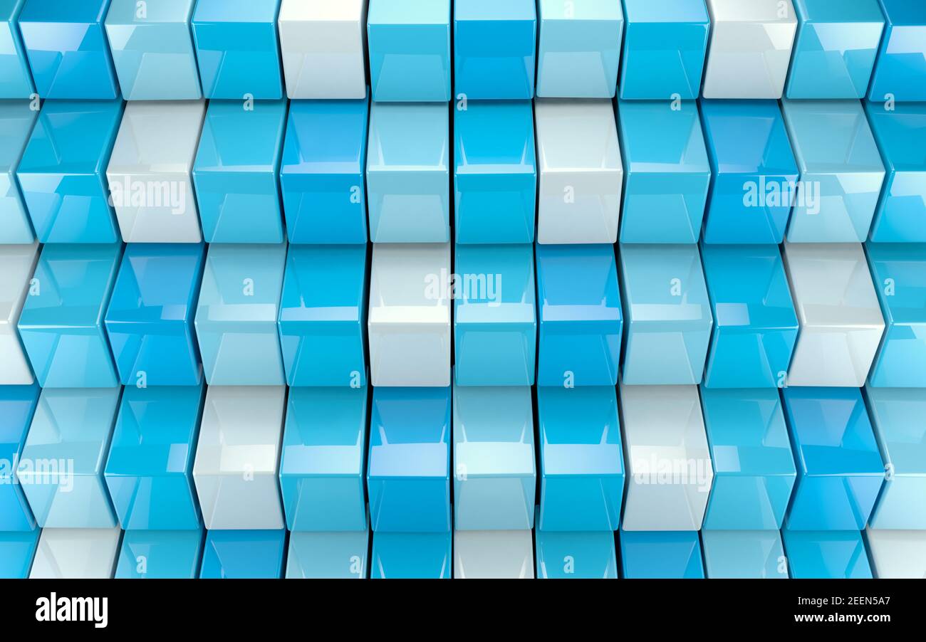 Blaue quadratische Wandfläche. Abstraktes Bild Hintergrund der Würfel Blöcke und Rechtecke.3D Illustration. Stockfoto
