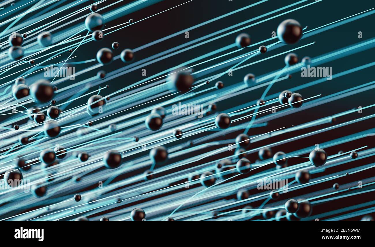 3D Designillustration mit Linien und Kugeln. Konzept von Netzwerken und Verbindungen.Abstrakter Wissenschafts- und Technologiehintergrund Stockfoto