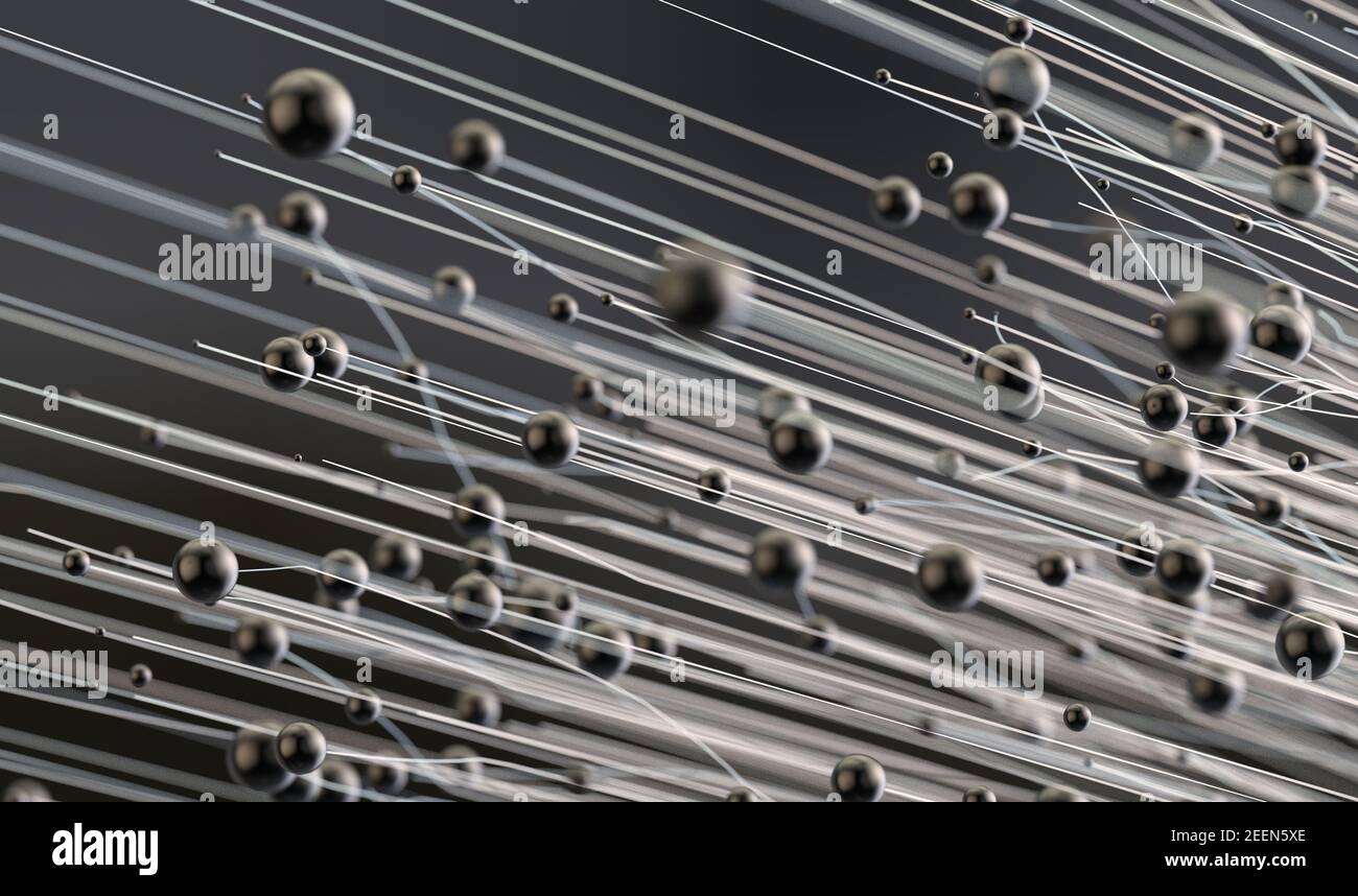 3D Designillustration mit Linien und Kugeln. Konzept von Netzwerken und Verbindungen.Abstrakter Wissenschafts- und Technologiehintergrund Stockfoto