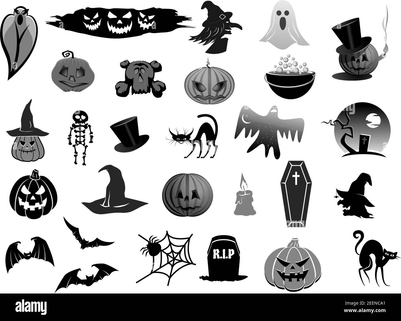 Halloween Urlaub Symbole gesetzt. Vektor isoliert Kürbis Laterne, Hexe oder Zombie und Skelett auf Friedhof, Grabstein und Tod Sense oder schwarze Katze und g Stock Vektor