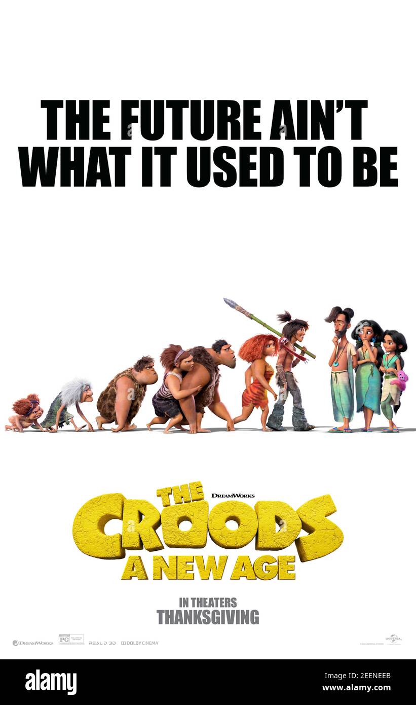 The Croods: A New Age (2020) unter der Regie von Joel Crawford mit Nicolas Cage, Emma Stone und Ryan Reynolds . Die prähistorische Familie die Kroaten werden von einer rivalisierenden Familie, den Bettermans, herausgefordert, die behaupten, besser und weiter entwickelt zu sein. Stockfoto
