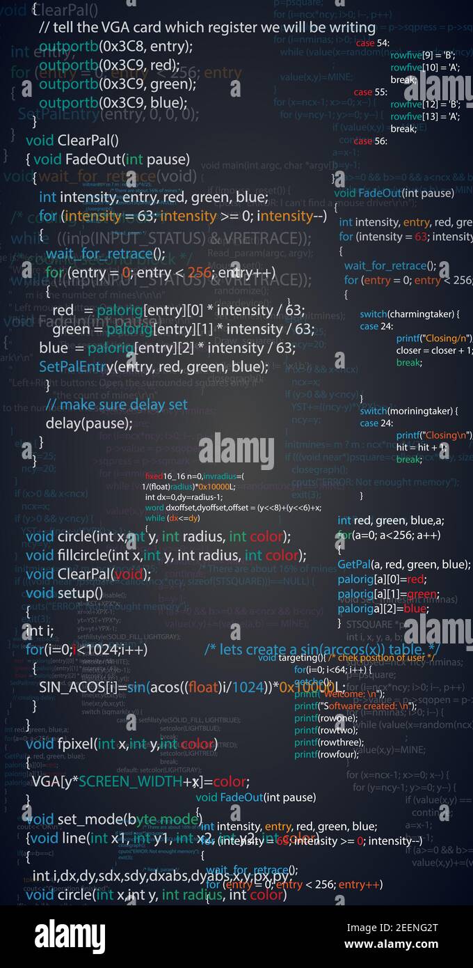 Abstrakter Programmiercode-Bildschirm, vertikales Layout. Verschiedene Teile von Algorithmen von Software-Entwickler. Vektor schwarzer Hintergrund Stock Vektor