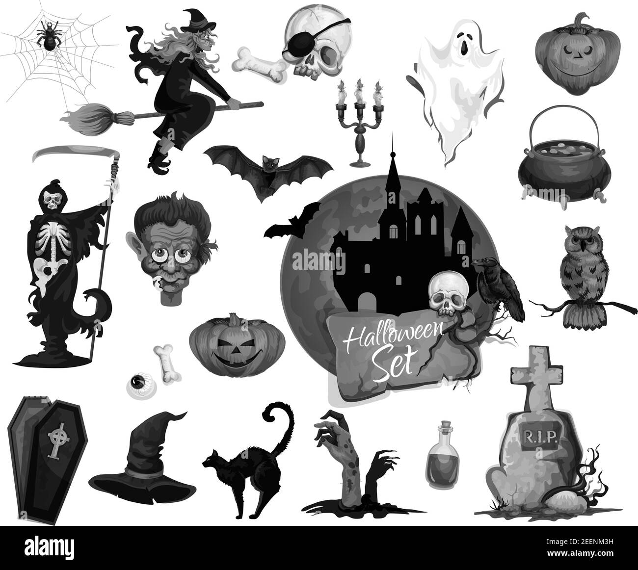 Halloween-Icons Set für beängstigende Party Urlaub. Vektor isoliert Set von Vampir, Hexe auf Besen oder dunklen Haus und Kruzifix Kreuz auf Grab Grab, Halloween Stock Vektor