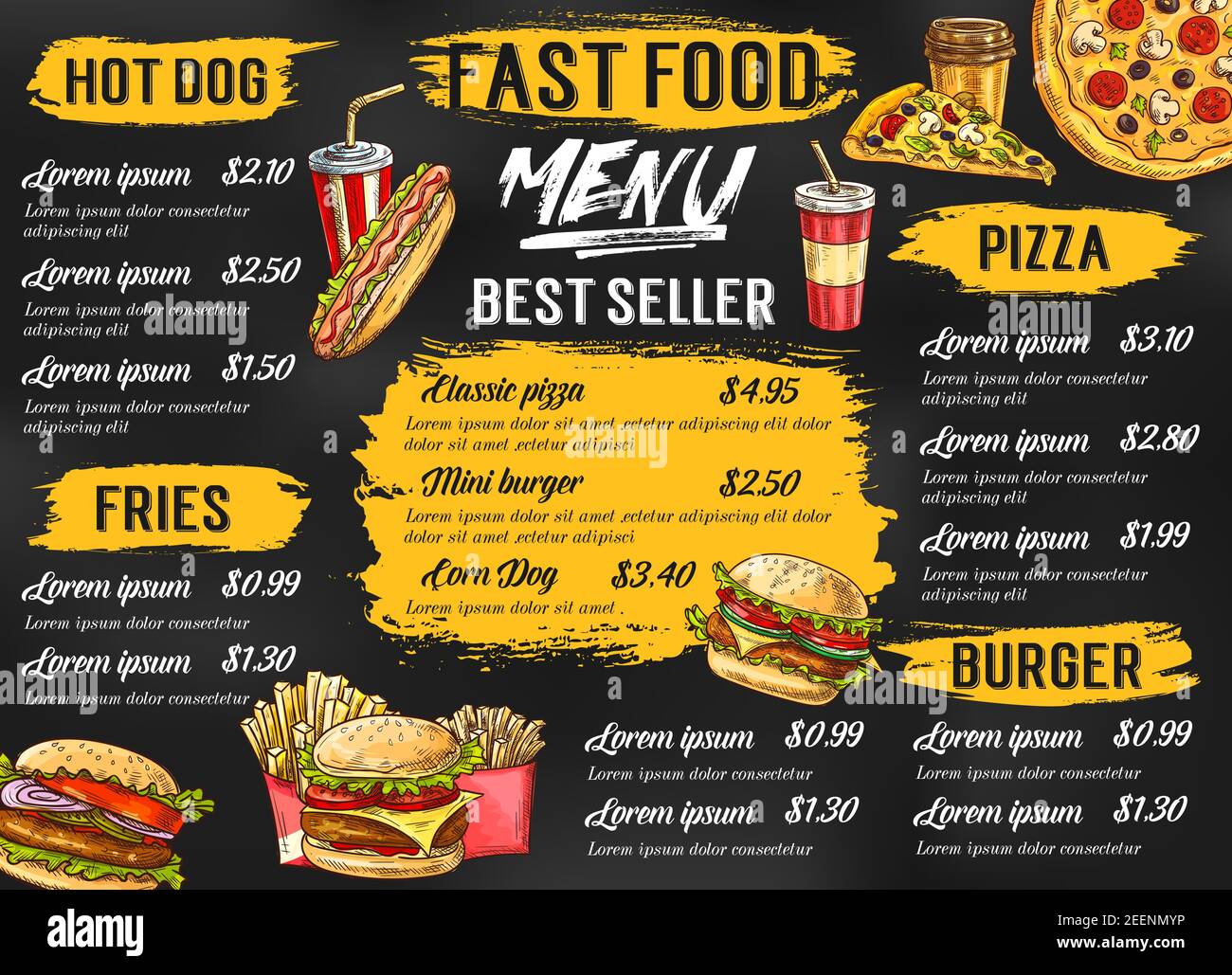 Fastfood-Menüvorlage für Fastfood-Restaurant oder -Café. Vektor Skizze Preisliste für Hot Dog und Pommes Combo, Pizza oder Cheeseburger und Hamburger san Stock Vektor