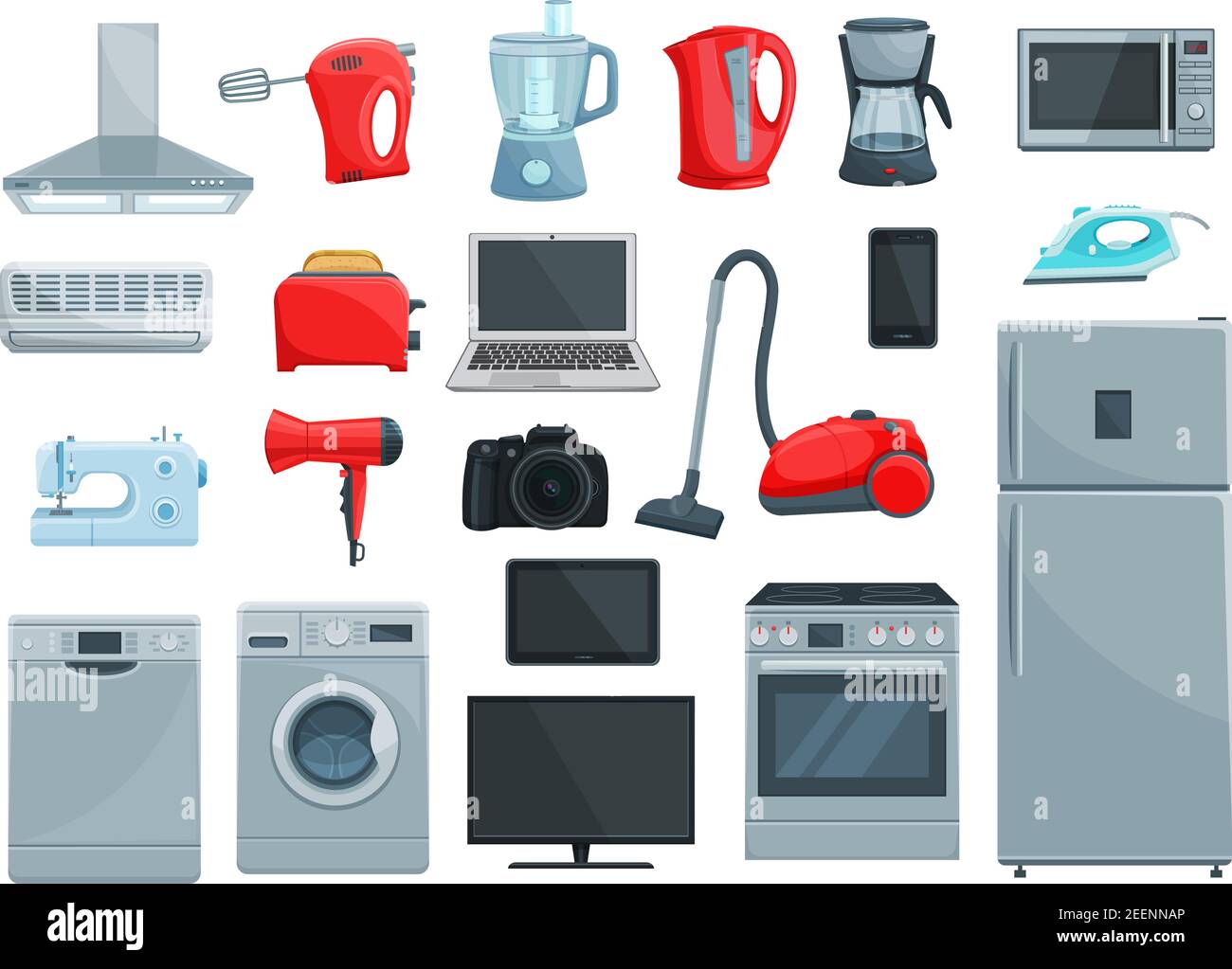 Symbole für Haushaltsgeräte eingestellt. Kühlschrank, Mikrowelle, Ofen und Staubsauger, Bügeleisen, Herd und Toaster, Wasch- und Kaffeemaschine, Mixer und Wasserkocher, c Stock Vektor