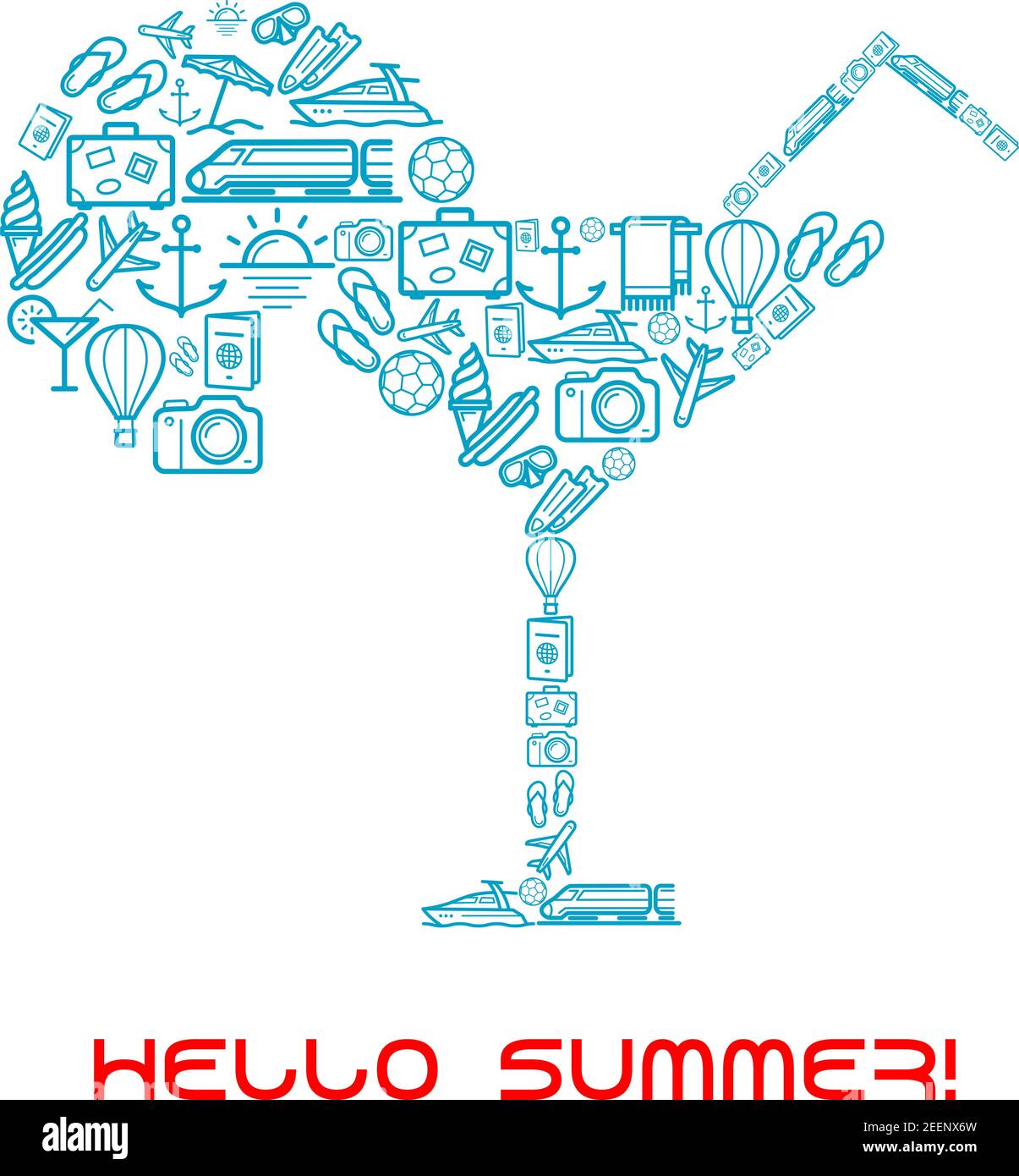 Cocktail-Glas mit Sommerurlaub, Reise-und Tourismus-Symbole von Strand, Palmen, Pass, Flugzeug, Sonne und Kamera, Tasche, Hotel und Sonnenschirm, Gepäck, Stock Vektor