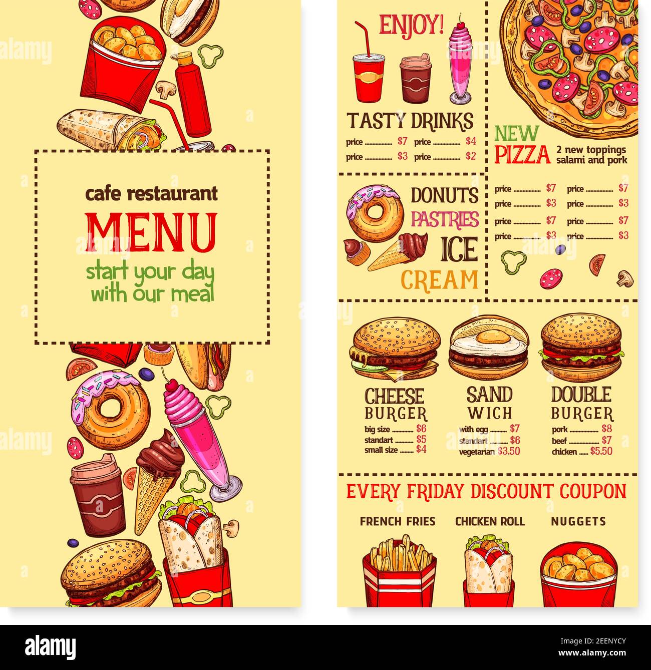 Fastfood-Menü Banner für Restaurant und Café-Design. Burger, Hamburger, Hot Dog und Pizza mit Belag, Limonade zum Mitnehmen und Kaffeegetränk, Donut und ic Stock Vektor