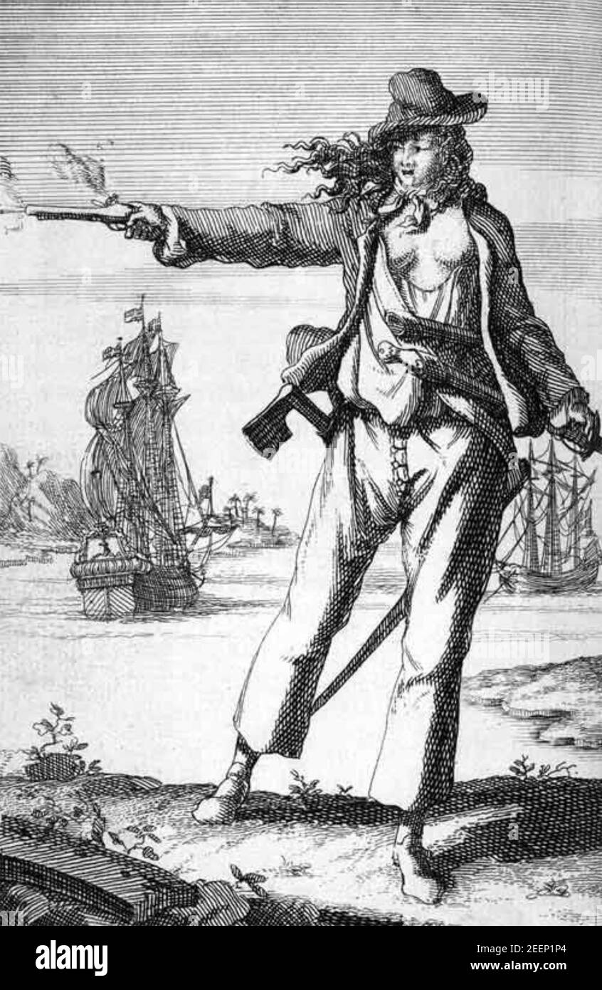 ANNE BONNY (1697-1733) Irische Piratin und Freundin von Mary Reed. Illustration aus einer niederländischen Ausgabe der Allgemeinen Geschichte der Pyrates im Jahr 1724 veröffentlicht. Stockfoto