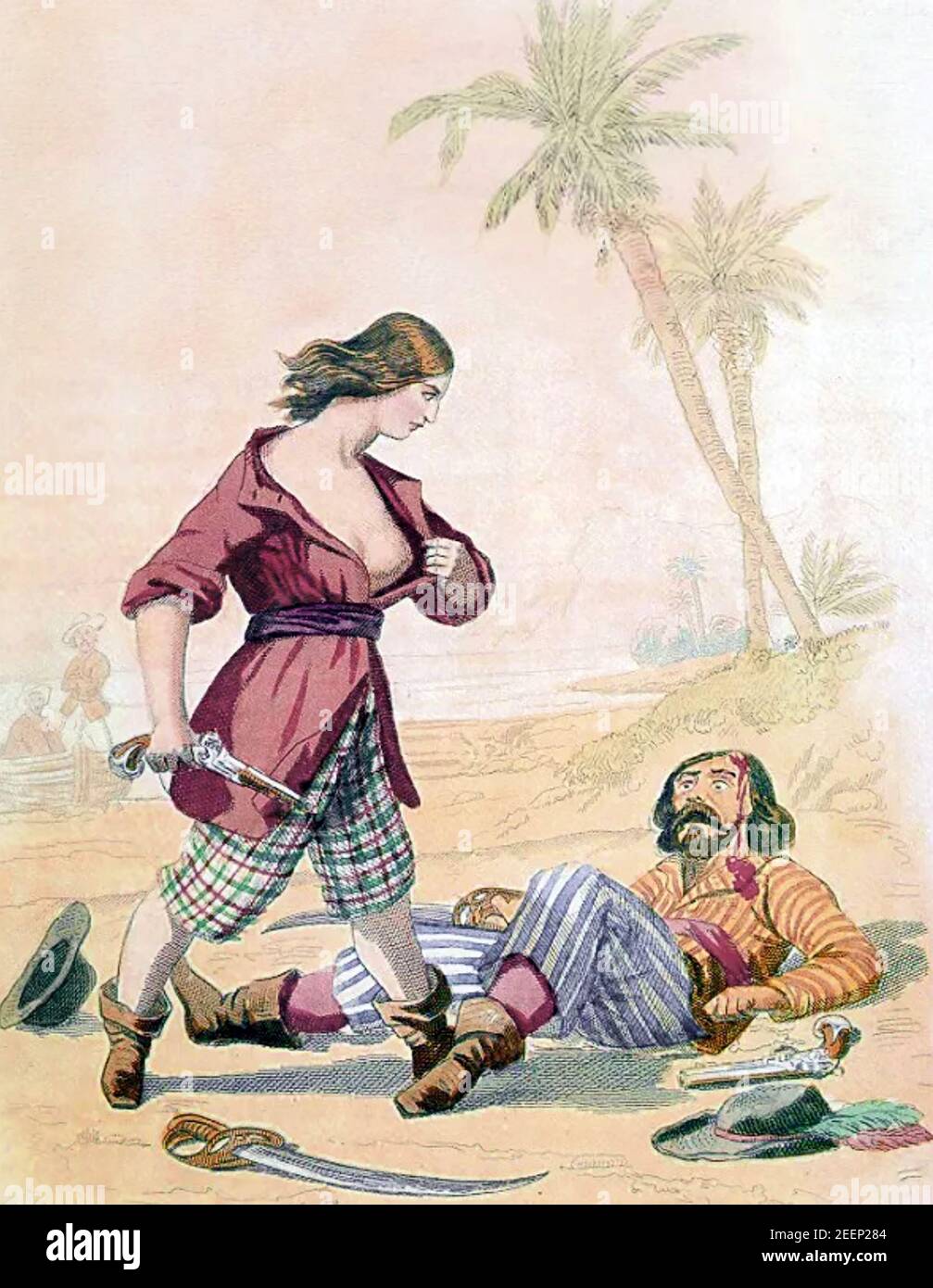 MARY LAS (1685-1721) englische Piratin und Freundin von Anne Bonny, die sich als Frau offenbarte, nachdem sie einen anderen Piraten in einer Illustration von 1846 verletzt hatte Stockfoto