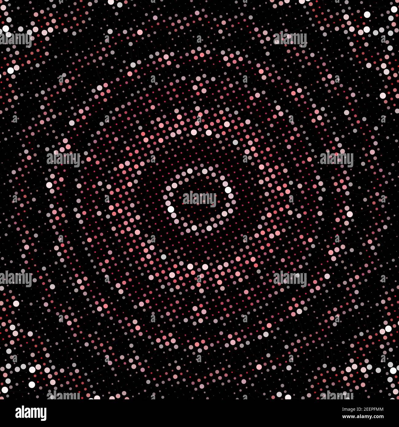 Halbton strukturierte geometrische Mandala Musterbild. Punkte und zufällige Kreise isoliert auf schwarzem Hintergrund. Ideal als Druck, Hintergrund, Vorlage etc. Stockfoto