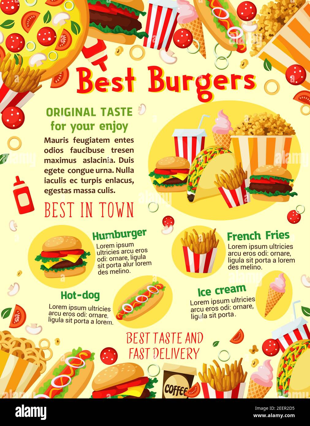 Fastfood Poster der besten Burger, Pizza und Sandwiches für Fastfood-Restaurant oder Lieferung. Vector Combo Mahlzeiten von Cheeseburger, Hamburger oder Hot Dog A Stock Vektor