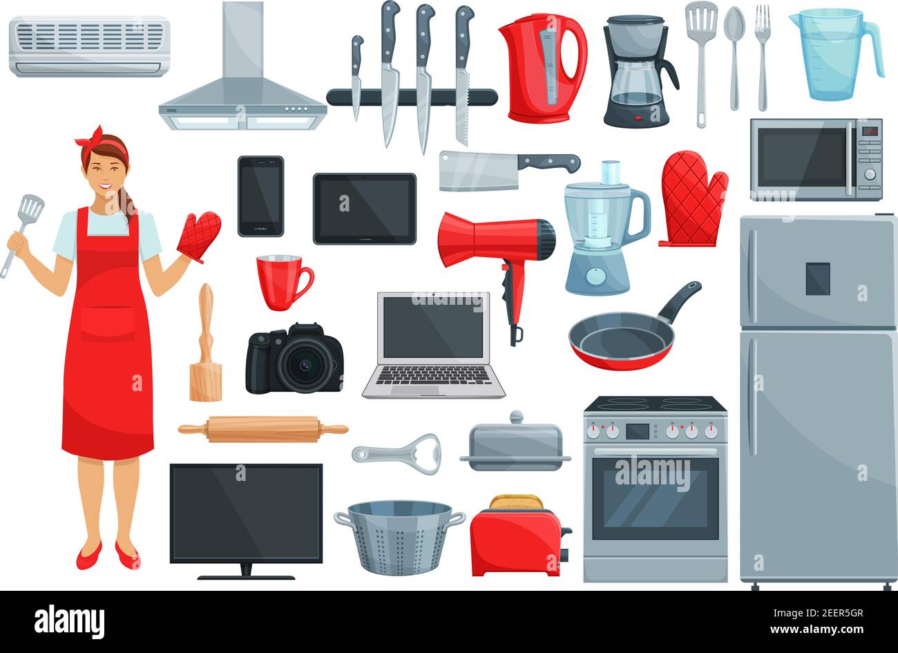 Haushaltsgeräte und Küchengeräte Vektor-Set. Kühlschrank, Mikrowelle und Kaffeemaschine, Staubsauger, Backofen, Herd, Mixer, Mixer und Messer, Topf und Stock Vektor