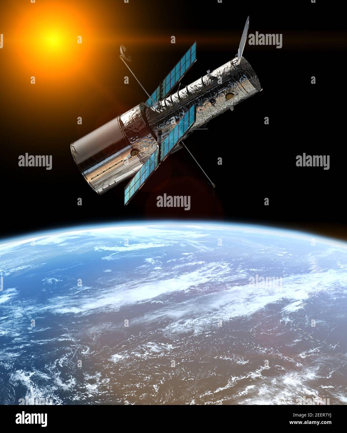 Weltraumteleskop in der Umlaufbahn des Planeten Erde. Solaranlage. Gemischte Medien Stockfoto