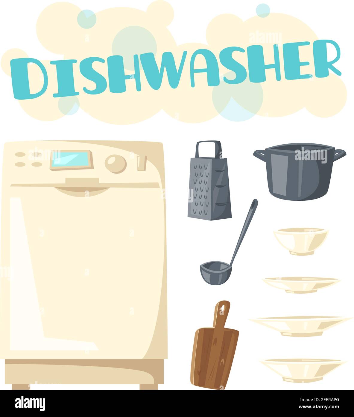 Geschirrspüler und Geschirr oder Küchenutensilien. Vektor-Design von Geschirrspüler Waschmaschine Haushaltsgerät und Geschirr von Schneidebrett, Topf oder Bratpfanne, Stock Vektor