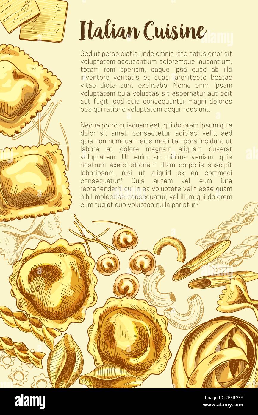 Pasta Poster für italienische Küche Vektor-Design-Vorlage für Restaurant Durum fettucine Makkaroni, Spaghetti oder Ravioli und Lasagne. Handgefertigte Taglia Stock Vektor