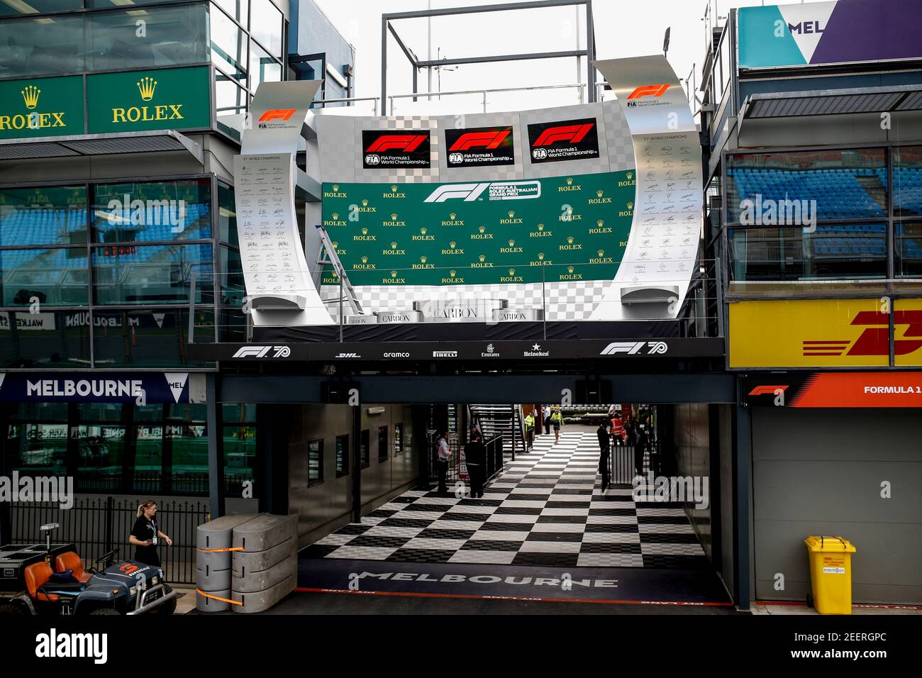 Das leere Podium nach der Entscheidung, nicht wegen des Coronavirus-Ausbruchs beim Formel 1 Rolex Australian Grand Prix 2020 vom 13. Bis 15. März 2020 auf dem Albert Park Grand Prix Circuit in Melbourne, Australien - Foto DPPI Stockfoto