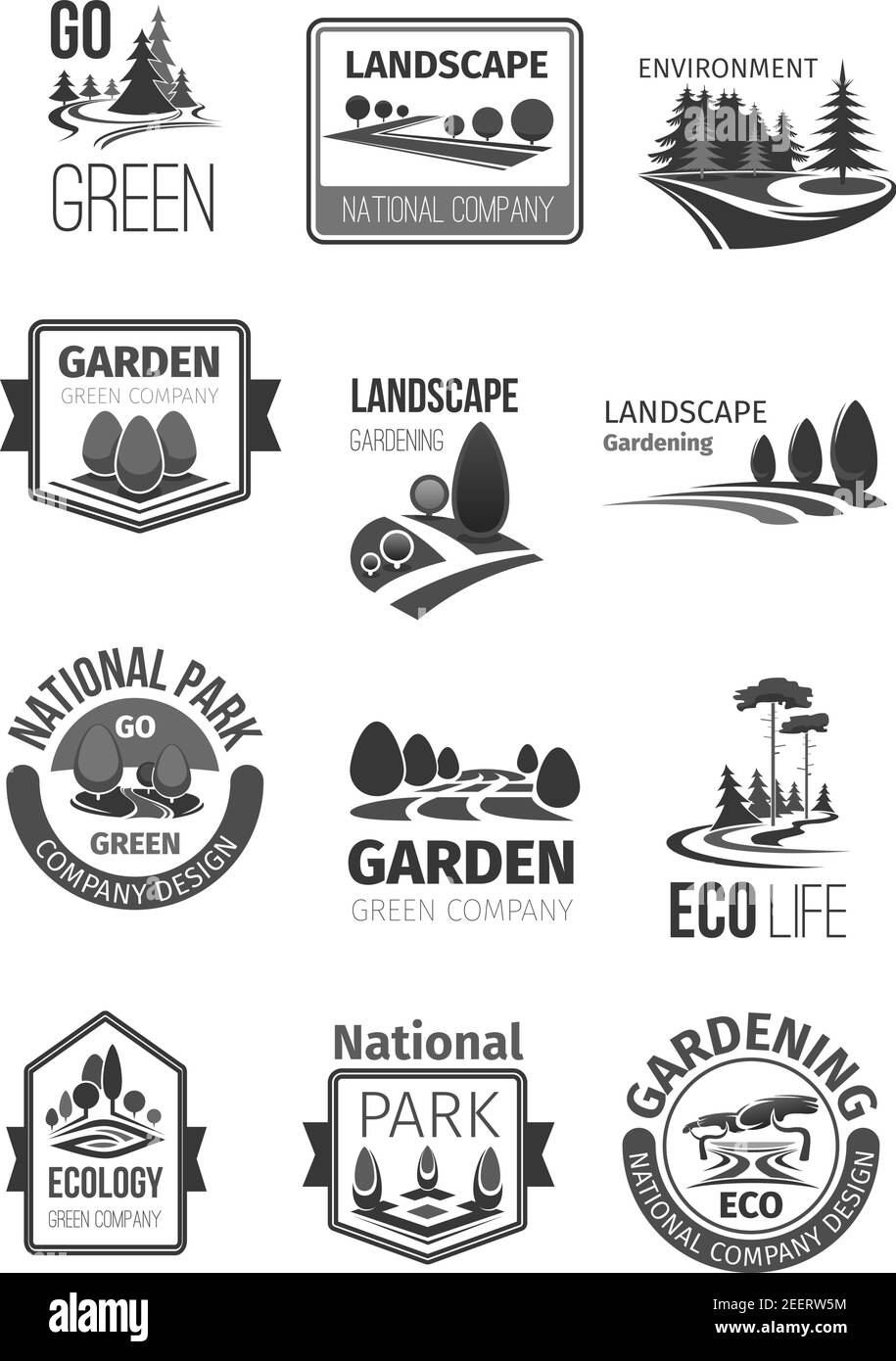 Grüne Landschaft und Garten Pflanzung oder Gestaltung Unternehmen Vektor-Icons gesetzt. Isolierte Symbole oder Etiketten von Parks und Waldbäumen, Waldgrün aufhört Stock Vektor