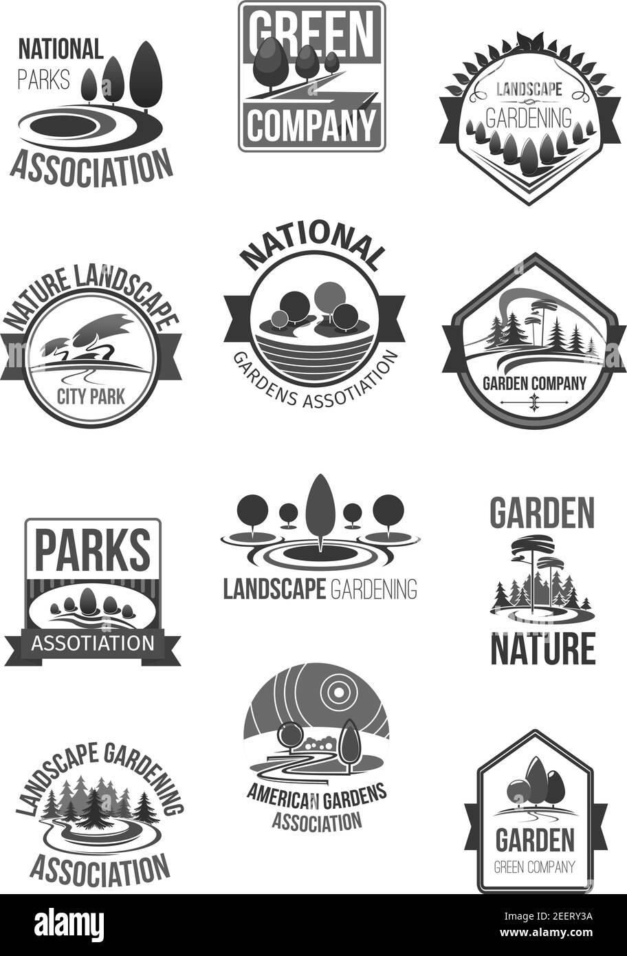 Parks und Gartenlandschaft oder grünen Gartenbau nationalen Verband oder Gartenbau Unternehmen Icons gesetzt. Vektor-Symbole der Natur und Wald Grün, ec Stock Vektor