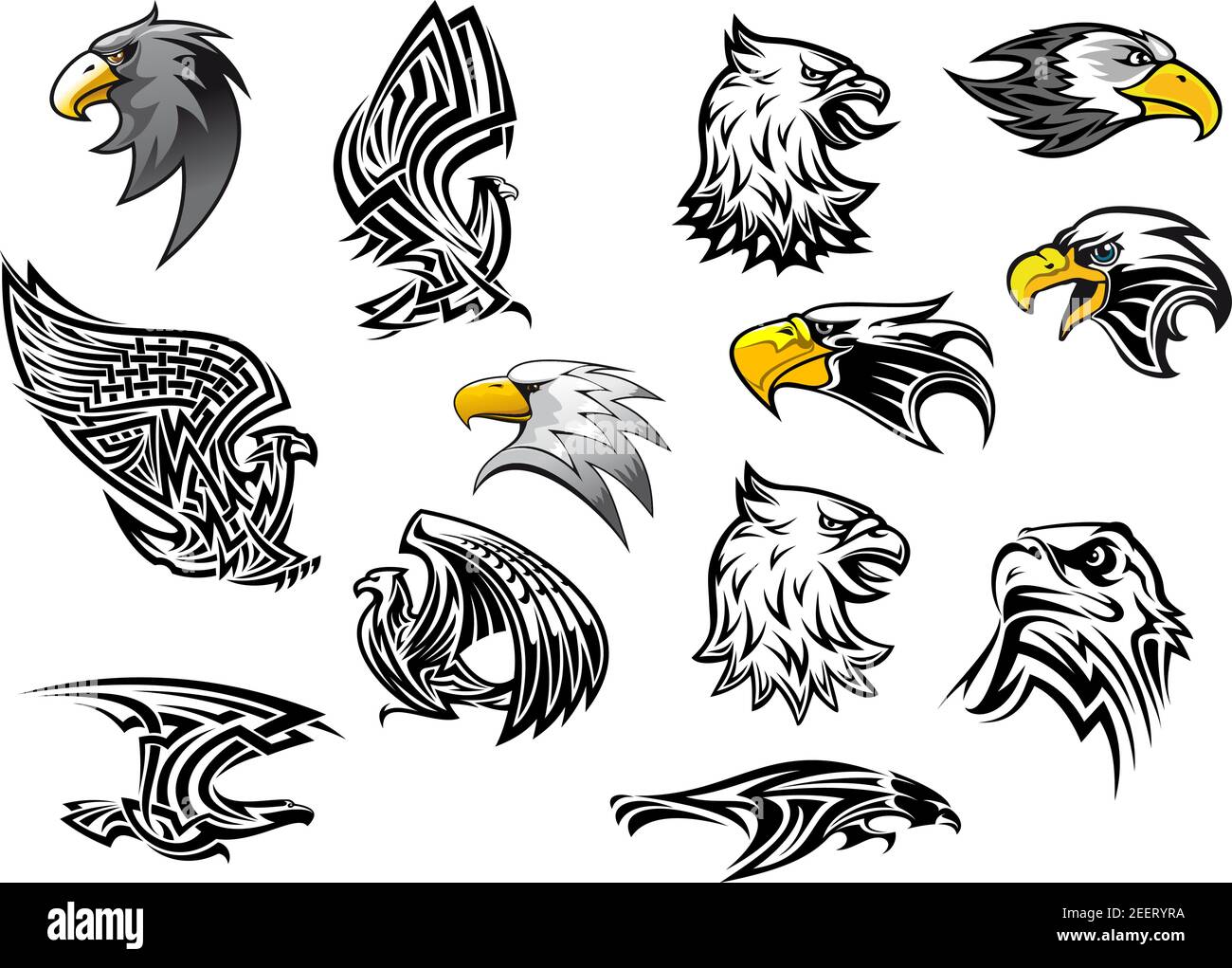 Adler oder Falke Vektor-Symbole für Maskottchen oder Tattoo. Isolierte heraldische Symbole Satz von Umriss Greifen Adler oder Falken Kopf mit offenem Schnabel für Sport-Team b Stock Vektor