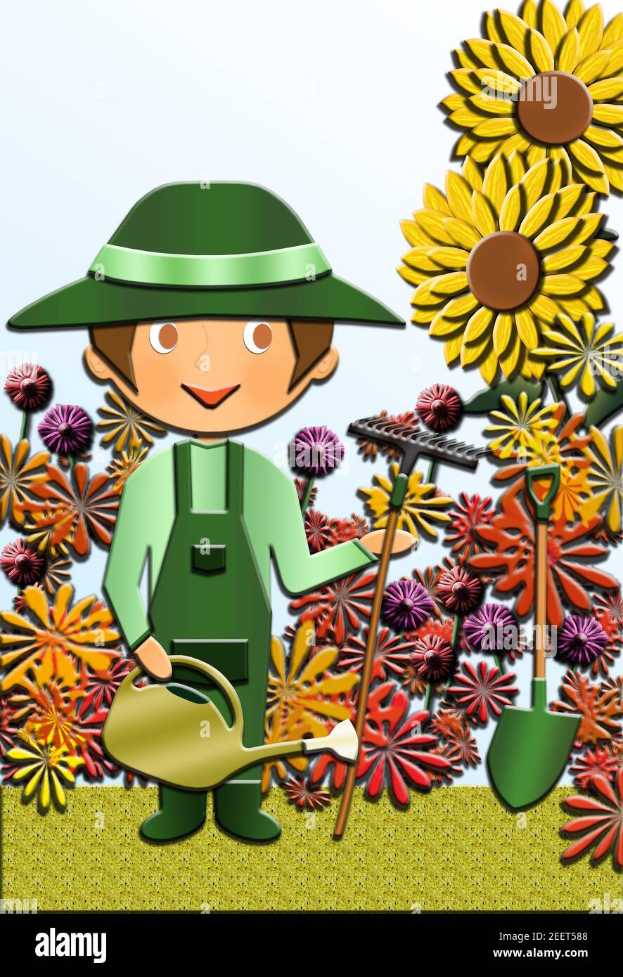Cartoon eines niedlichen glücklichen Gärtner, in einem Garten, mit Blumen im Hintergrund. Diese Illustration ist Teil einer Sammlung verschiedener Berufe. Stockfoto