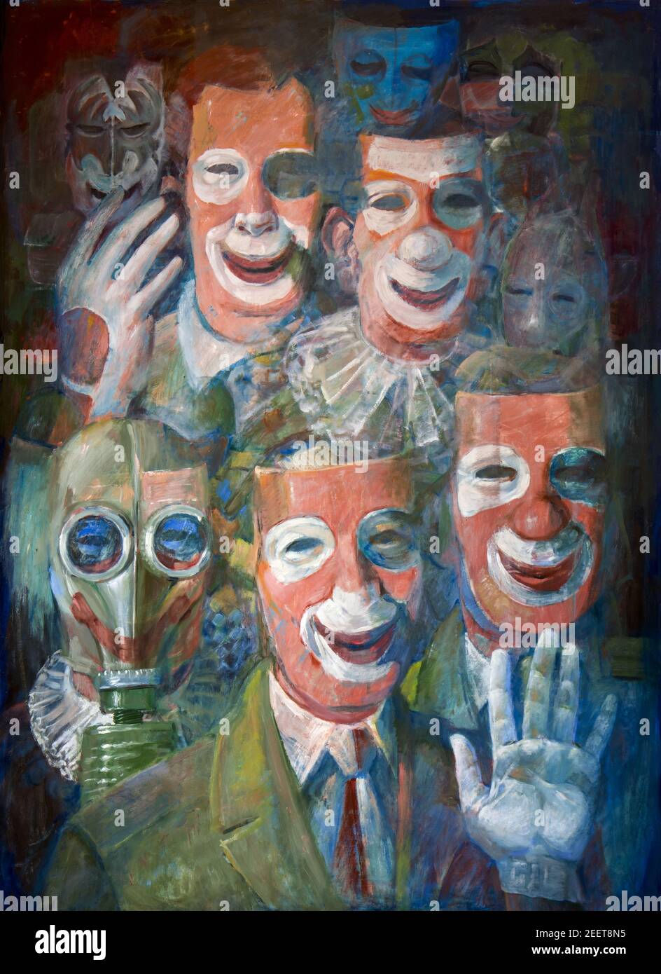 Menschen mit lächelnden Masken im Gesicht, in Anzügen und Clowns gekleidet. Gleichnis über die Heuchelei einiger Menschen und Führer Stockfoto
