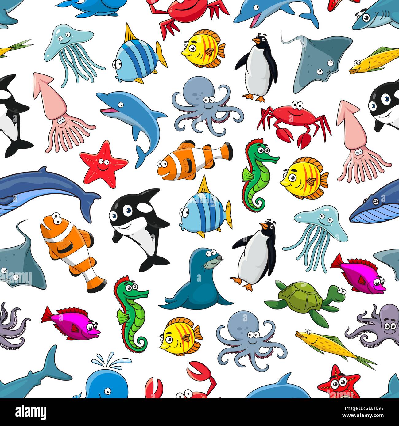 Cartoon Meer Unterwasser nahtlose Muster von Robbe und Pinguin, exotische Clownfische und Flunder, Delphin Wal und Hai, Seesterne und Seepferdchen Mollusk. V Stock Vektor