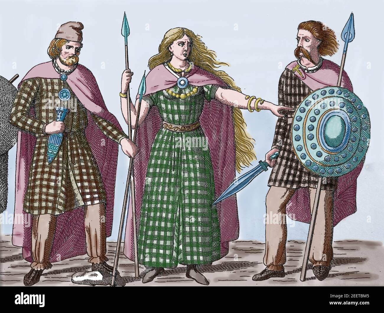 Die Königin des britischen keltischen Iceni-Stammes Boudica (33 -61) zwischen einem Häuptling und einem Krieger. Organisierte eine Revolte gegen die römische Besatzung. England. Stockfoto