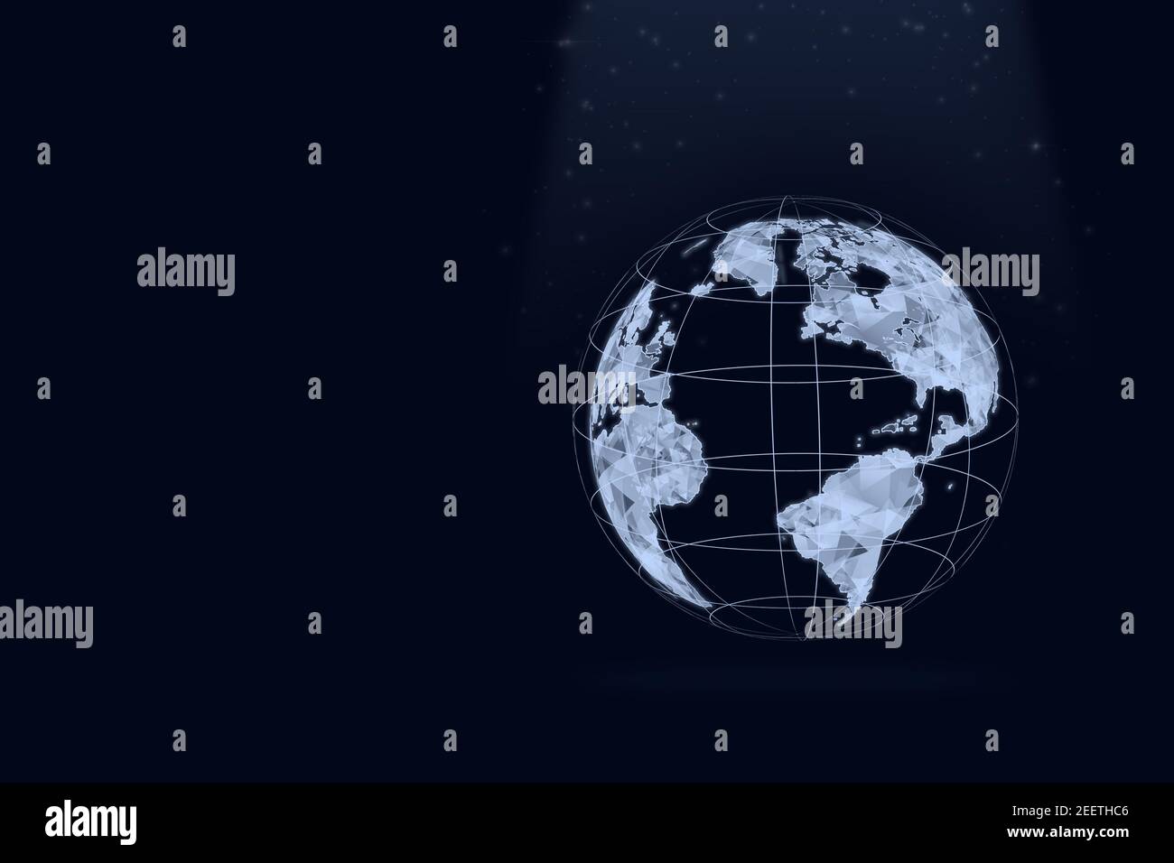 Niedrige Poly fliegende Erde auf dunkelblauem Hintergrund. Globales Netzwerk-Verbindungskonzept. Technologien, die die Welt verbinden. Globales Netzwerk Stockfoto