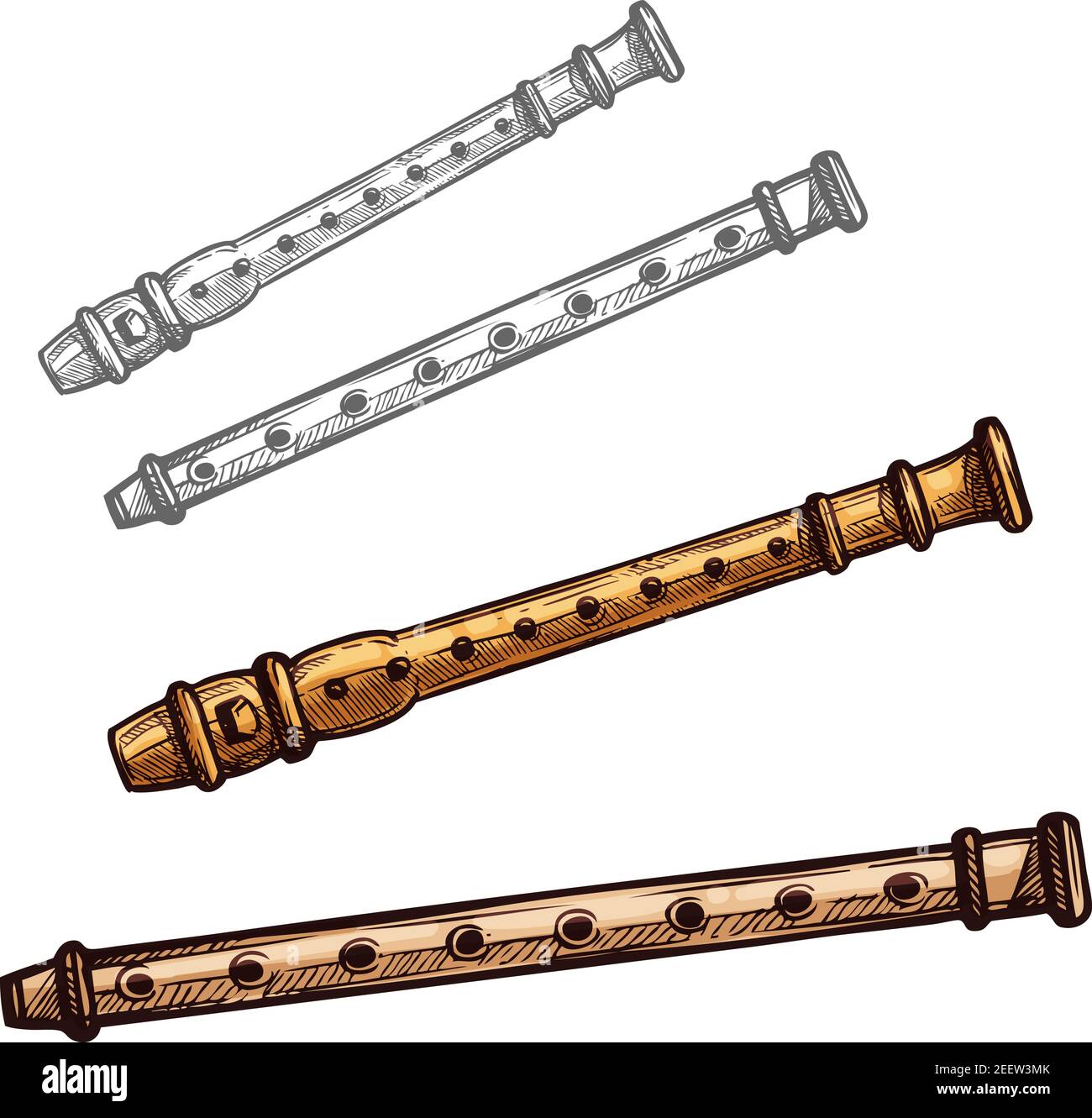 Flöte Musikinstrument isolierte Skizze. Holzflöte oder Bambusrohr Folk Wind  Musikinstrument für ethnische Musik Konzert, Art Festival Design  Stock-Vektorgrafik - Alamy