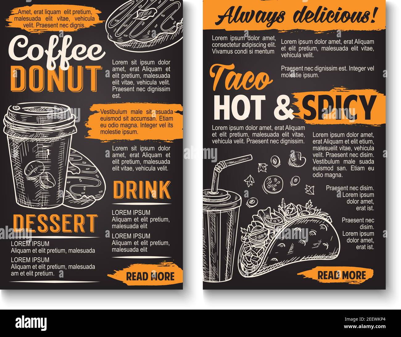 Fastfood Tacos Snack Sandwich, Donut Kuchen und Kaffee oder Soda Drink Menü Skizze Poster. Vector Fastfood mexikanische Tacos und Dessert-Design für Kino BA Stock Vektor