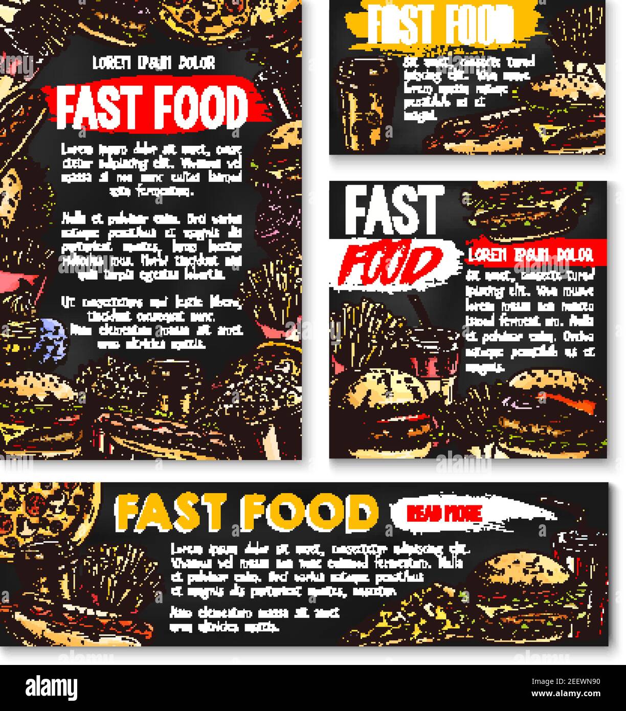 Fast Food Restaurant Skizzen Poster und Banner Vorlagen von Burgern und Sandwiches für Fastfood Café. Vector Pizza, Hot Dog oder Popcorn und Pommes frites Snac Stock Vektor