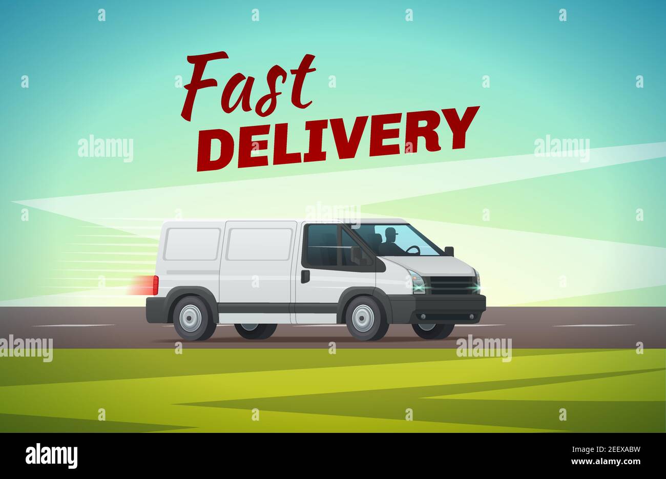 Lieferung LKW oder van Cartoon Poster von Nutzfahrzeug. Schnelle Lieferung Auto Reiten auf der Straße für Transport-und Lieferservice Werbung Stock Vektor