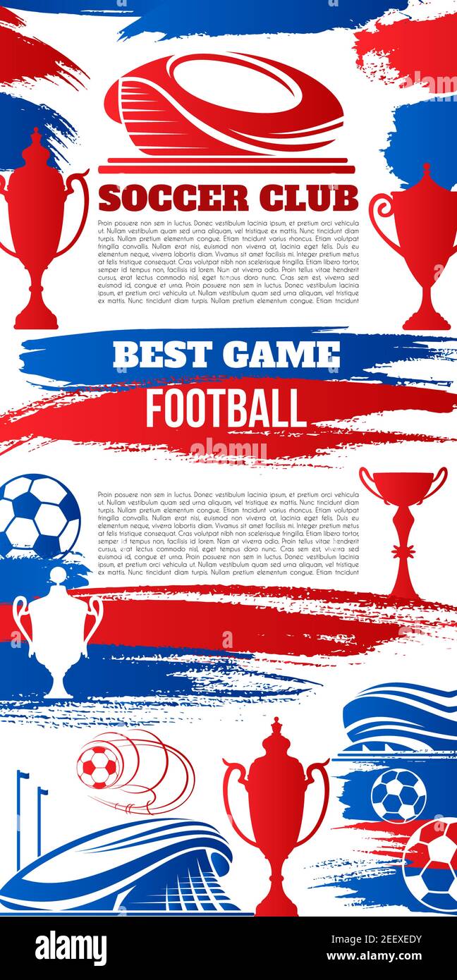 Fußball Sport Club Banner der Fußball-Spiel Vorlage. Fußballstadion und Fußball-Sportarena Grunge Poster mit Fußball, Trophäe und Siegerpokal f Stock Vektor