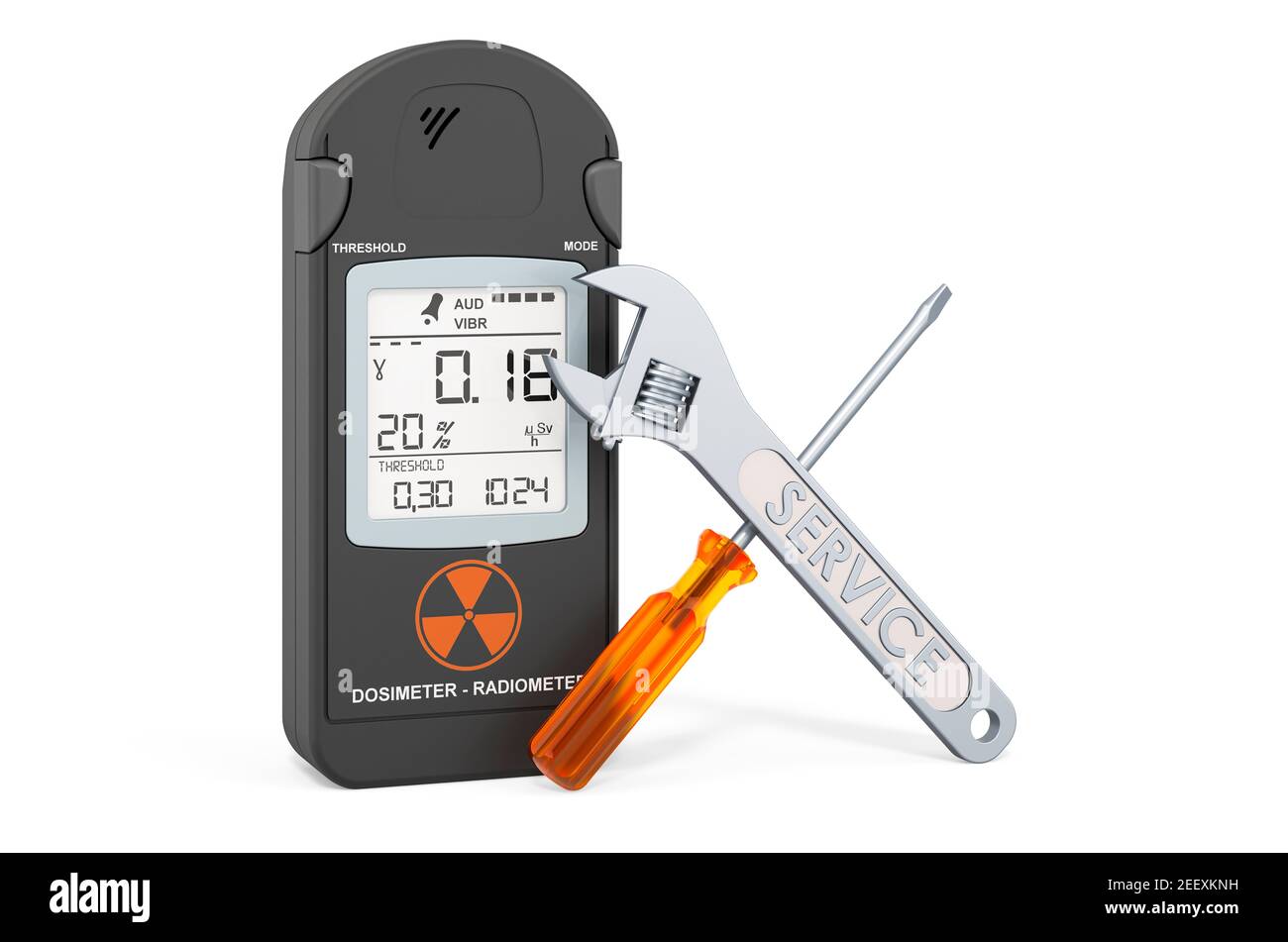 Service und Reparatur von Gamma Radiation Personal Dosimeter, 3D Rendering isoliert auf weißem Hintergrund Stockfoto