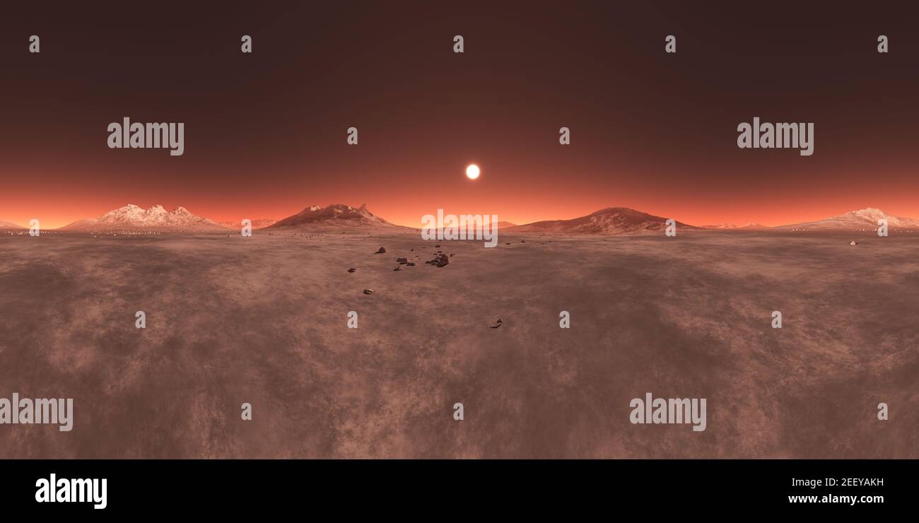 Sonnenuntergang auf einer Mars-ähnlichen roten Planetenlandschaft, ein 360 HDRI sphärisches Panorama für 3D Illustrationsumgebungen. Stockfoto