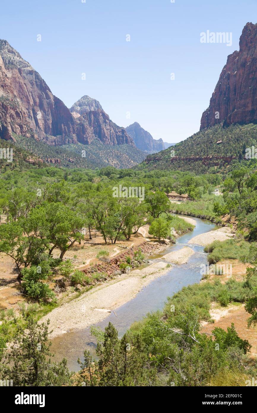 Zion National Park malerische Landschaft mit Virgin River im Vordergrund. Utah, USA Stockfoto