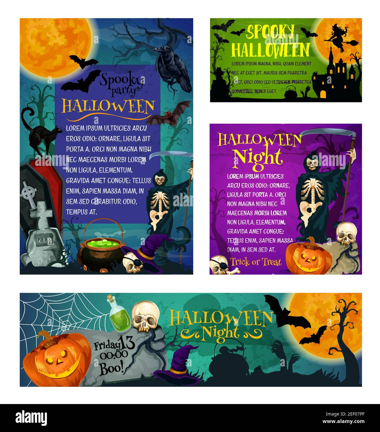 Halloween-Party oder Trick or Treat Feiertagsgrüße und Einladungsplakate. Vektor Skelett Schädel Zombie Auge und Hand oder gruseligen Geist auf Friedhof, Halle Stock Vektor