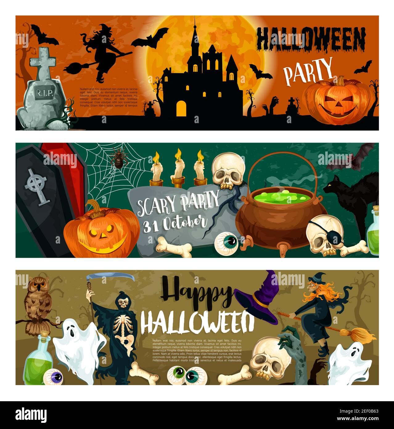 Halloween Party Banner von Monstern und Hexe, Kürbislaterne und gruseligen Geist auf Friedhof. Vektor Happy Halloween Design des Todes, Zombie Hand und Stock Vektor