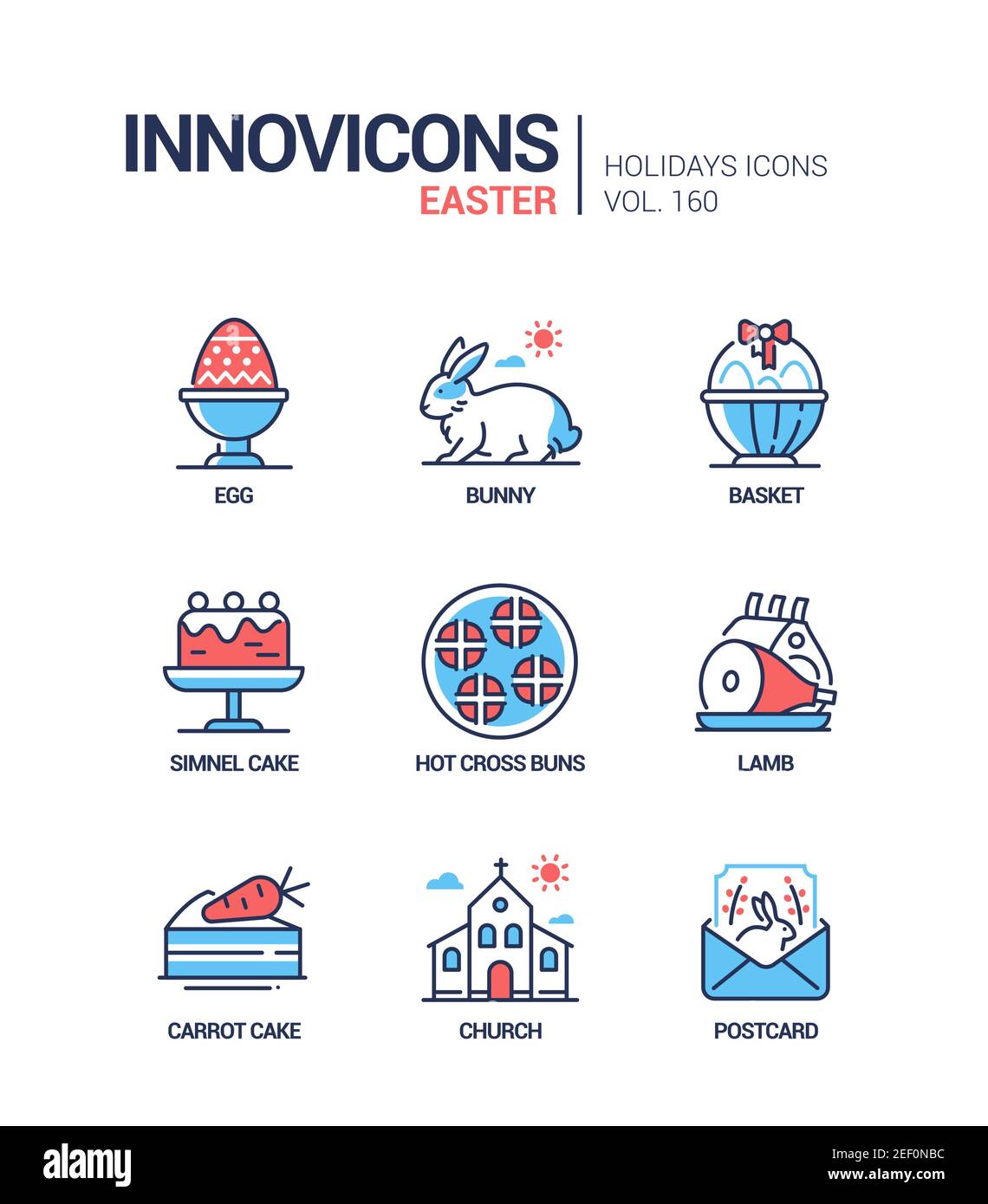 Ostern - modernes Liniendesign Stil Ikonen gesetzt. Christliche Festtage Zeichen, traditionelle Lebensmittel und Symbole Idee. Ei, Hase, Korb, Simnel-Kuchen, heiß Stock Vektor