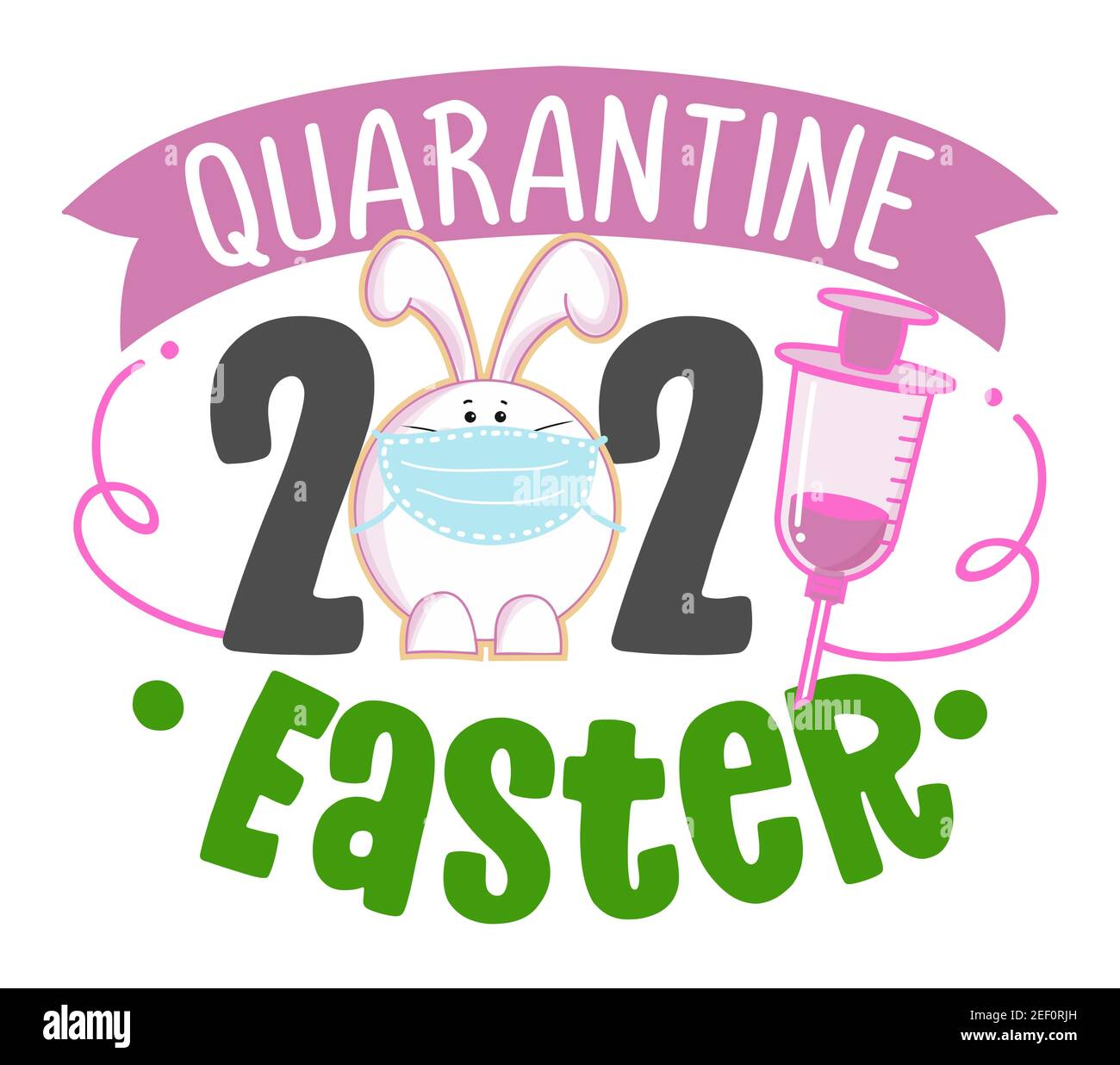 Quarantäne 2021 Ostern - Schriftzug Poster mit Text für selbst Quarantäne Ostern. Niedliche Hand gezeichnet Toilettenpapier Kaninchen für ostern Eiersuche. 2021 Ostern c Stock Vektor