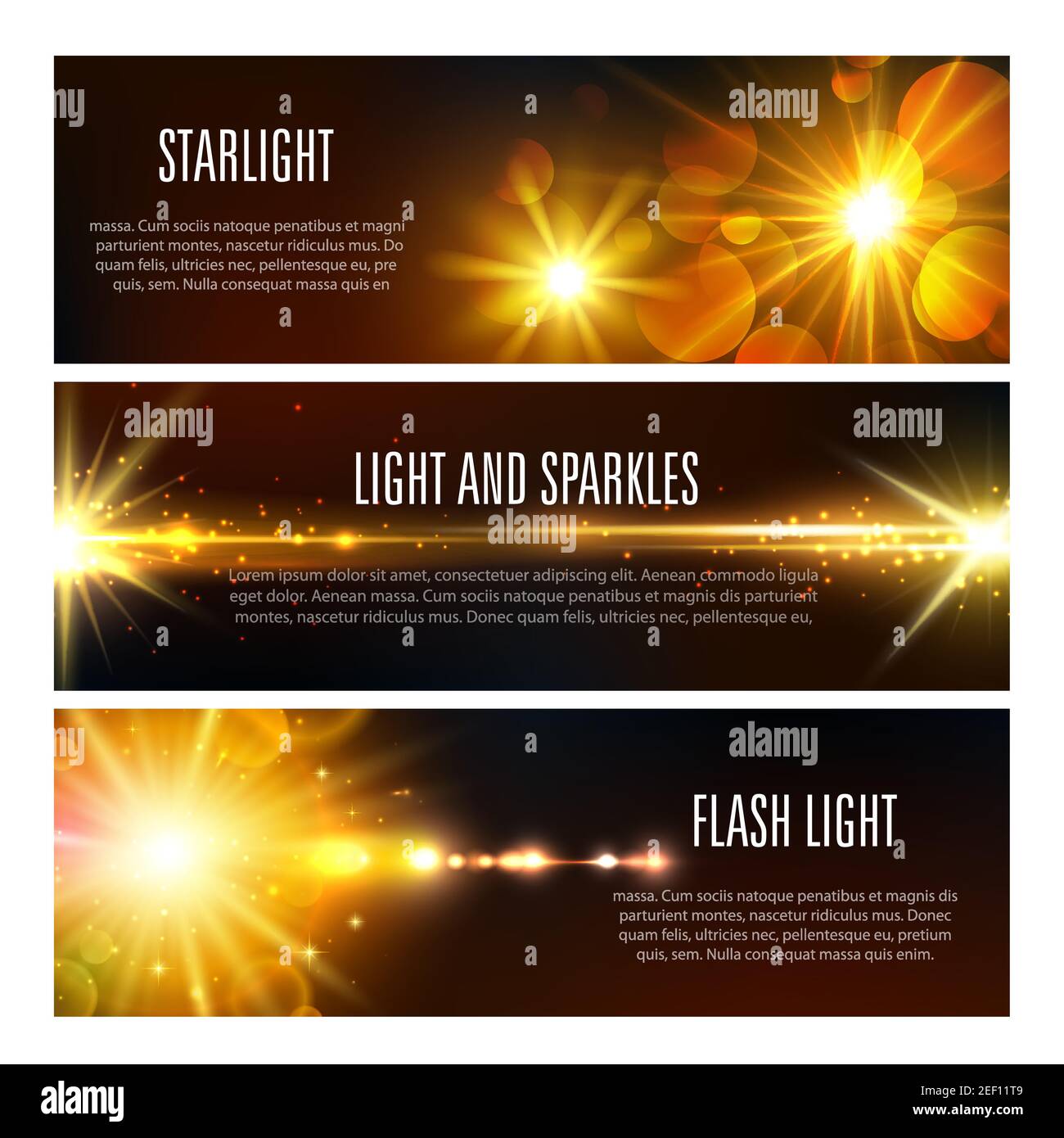 Light Flash funkelt und starlight shine Banner Set. Vektor-Set von funkelnden Sonnenstrahlen mit Linse Flare-Effekt und Spotlight-Strahlen glitzernden sunlig Stock Vektor