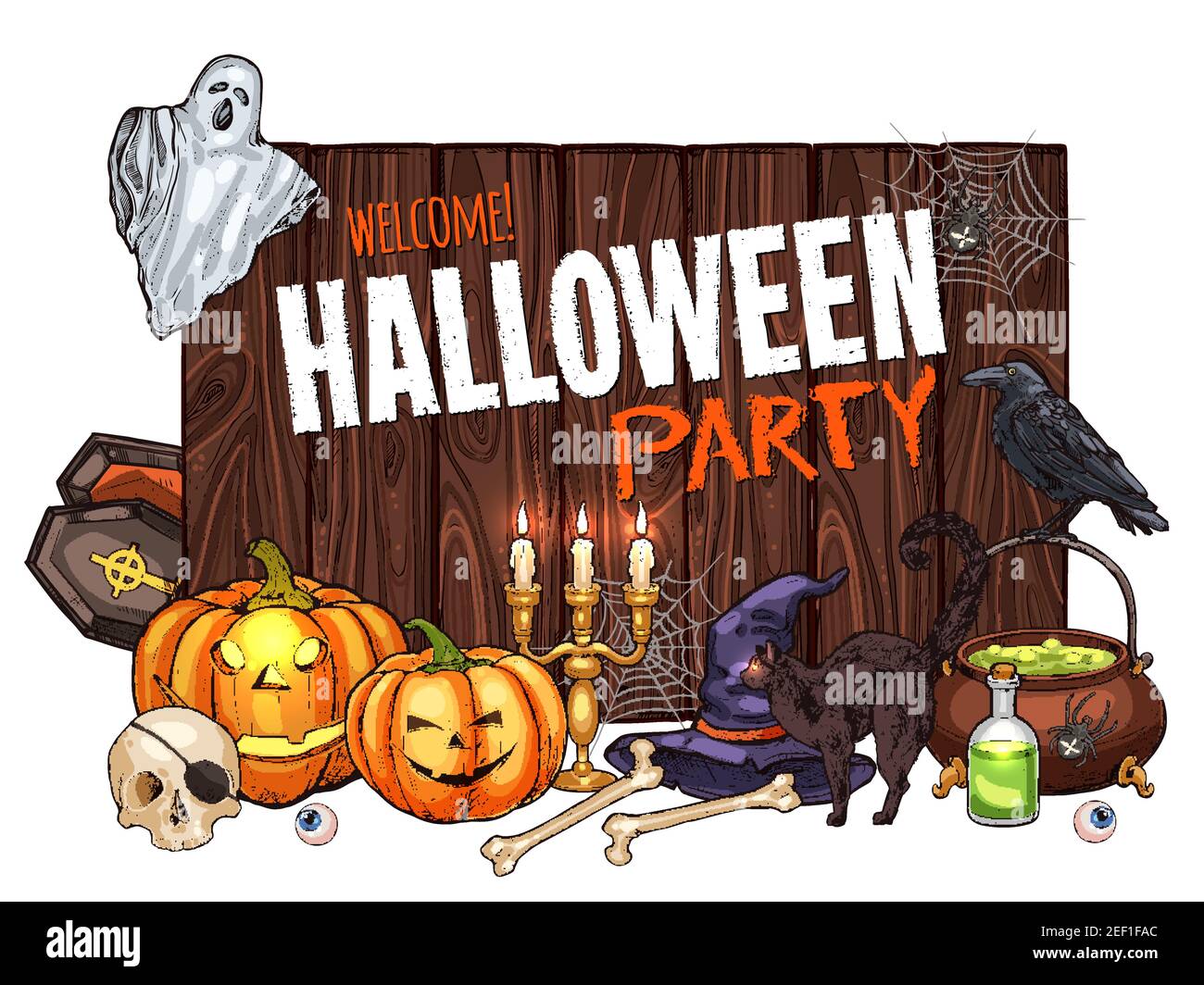 Halloween Monster Party Poster für Trick or Treat Urlaub Nacht Feier. Vektor Kürbis Laterne, Zombie Skelett Schädel, Hexenkessel und schwarz Stock Vektor