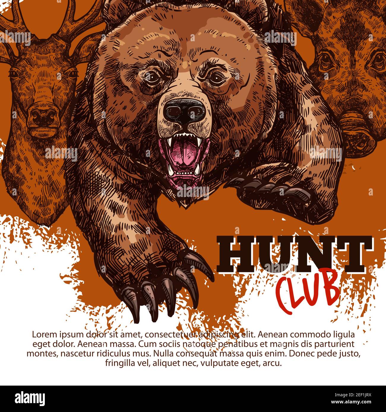 Jagdsportverein des Jägers Plakat mit Wildbär, Hirsch und Wildschwein Tier Skizze. Brüllender Grizzly Angriff mit wütender Schnauze, Rentier und Schwein Banner Stock Vektor