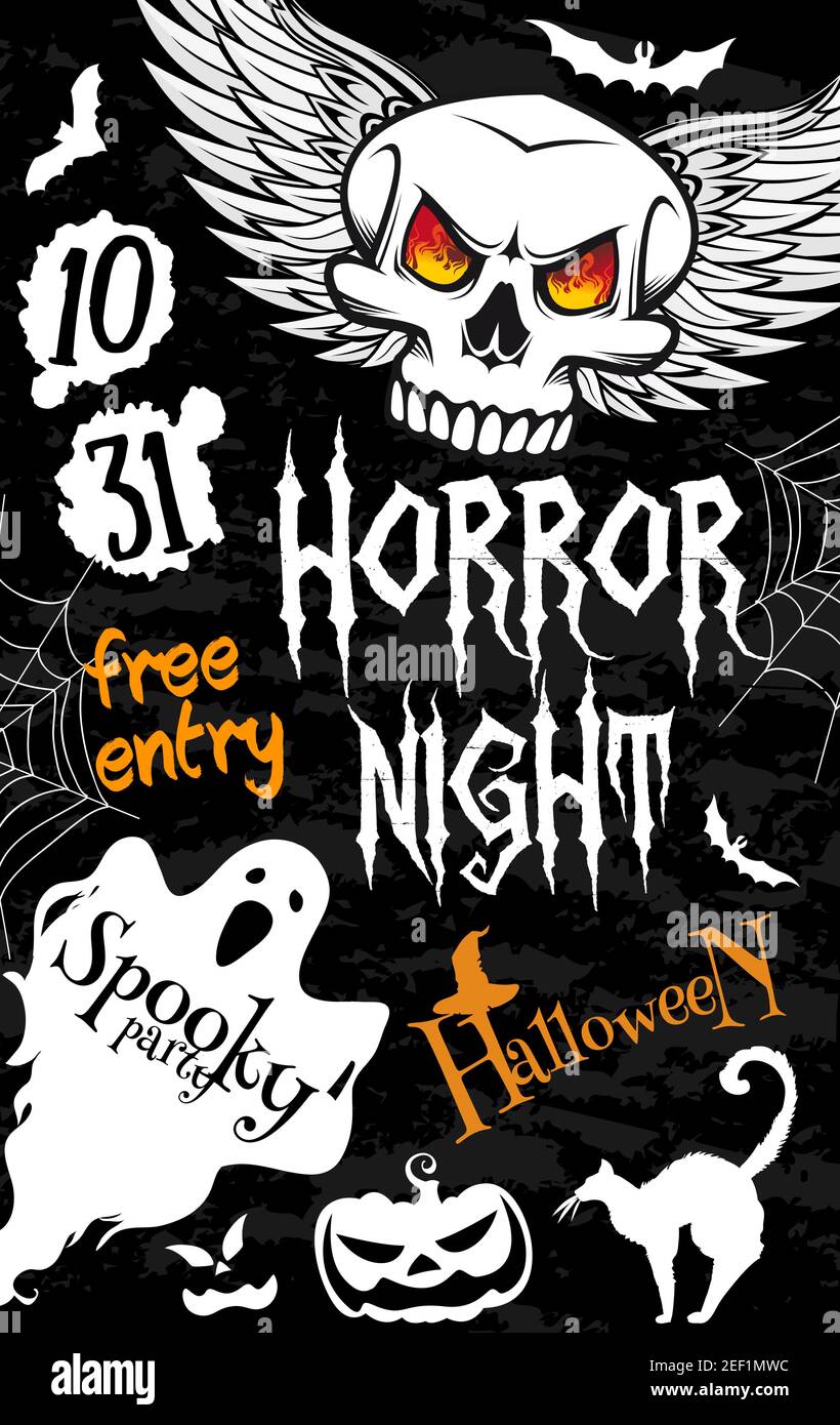 Halloween gruselige Geister Banner für Horror Nacht Party Vorlage. Halloween Totenkopf mit Engelsflügeln und Kürbis Laterne im Hexenhut Poster mit Fledermaus, spid Stock Vektor
