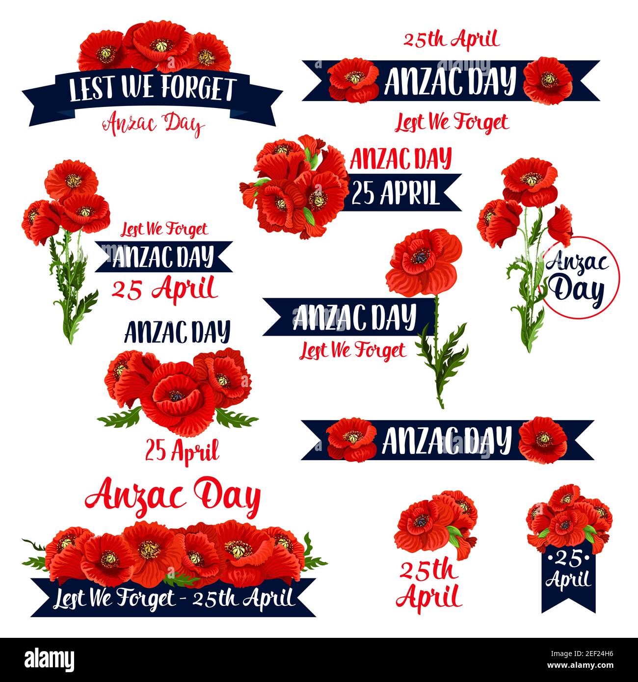 Anzac Day Gedenktag Symbole für 25 April der australischen und neuseeländischen Kriegsdenkzeit. Vektor-Set von roten Mohnblumen und Lest We Forge Stock Vektor