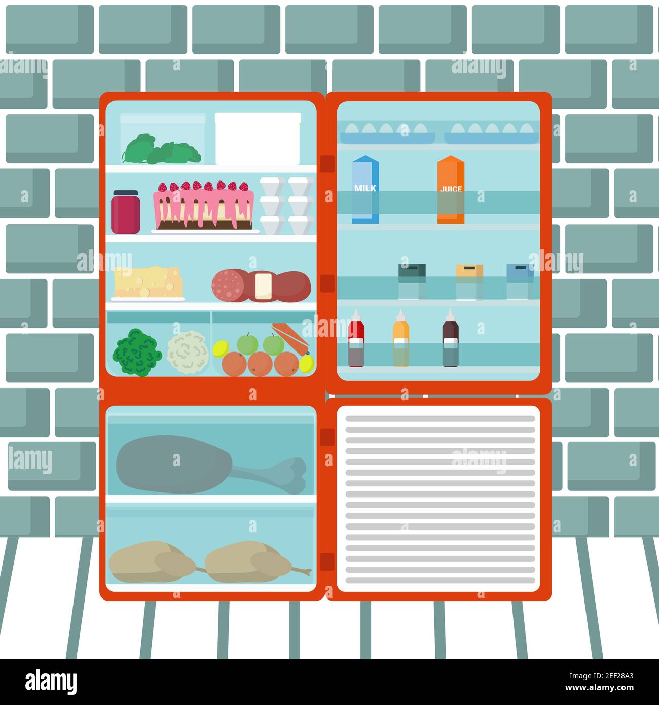 Offener Kühlschrank voll mit leckeren Lebensmitteln Vektor Illustration Stock Vektor