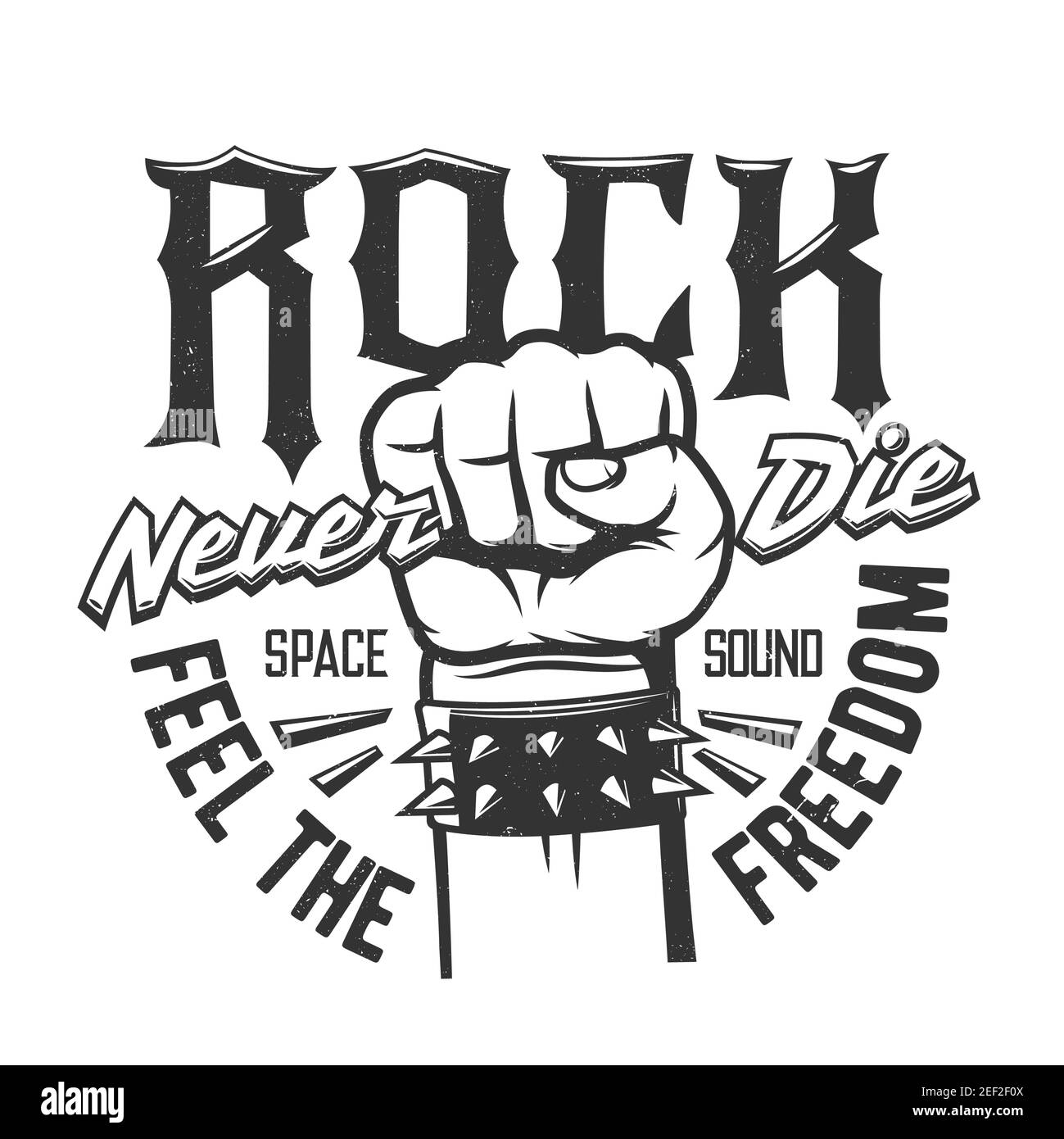 T-Shirt-Print mit Handfist tragen Nietenarmband für Rock and Roll Fan oder Band Kleidung Design. Vector T-Shirt monochromen Druck mit Typografie Rock n Stock Vektor