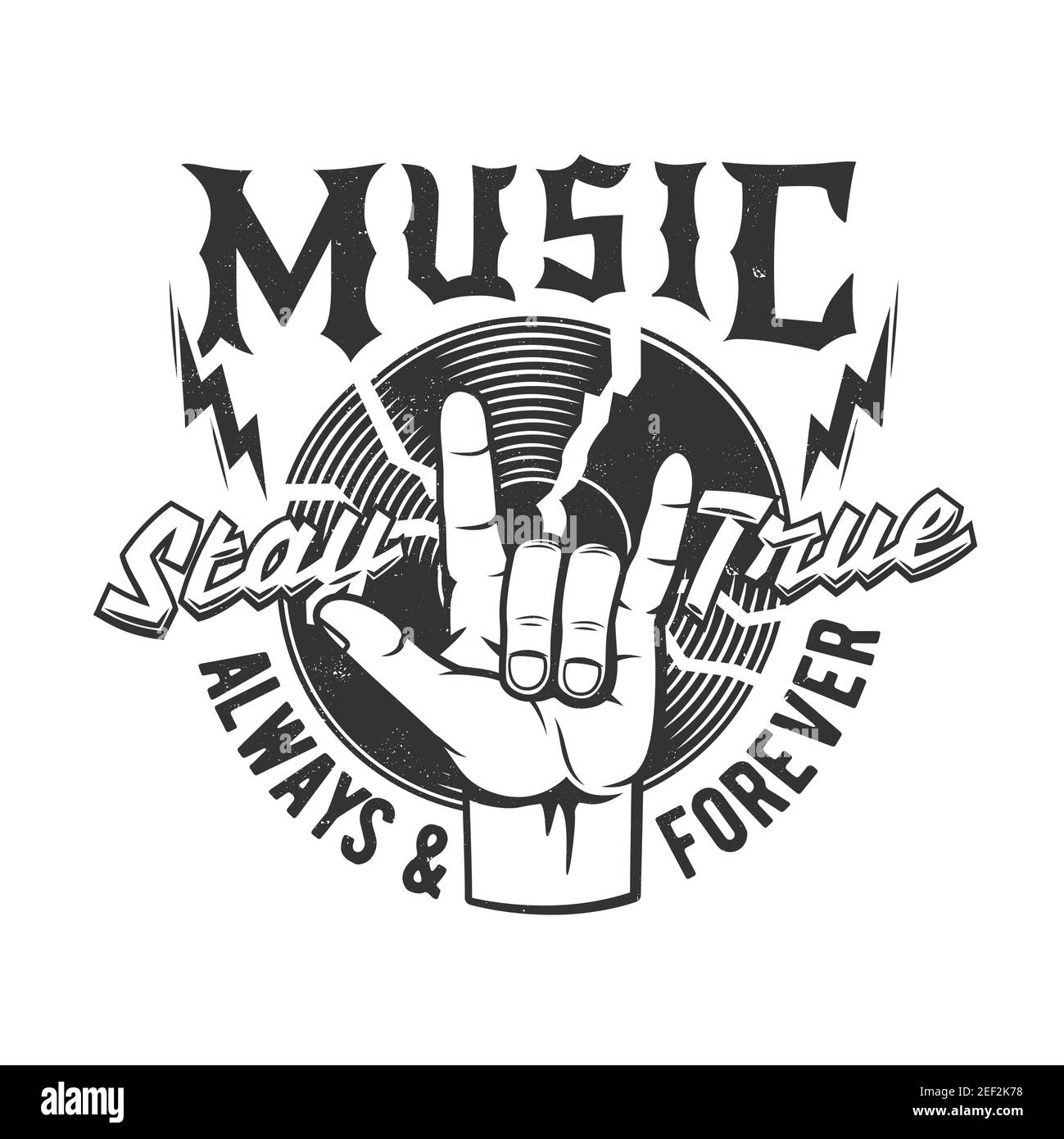 T-Shirt-Print mit gestikulierenden Hand und Vinyl-Scheibe für Rock and Roll Fan oder Band Bekleidung Design. Vector T-Shirt monochromen Druck mit Typografie bleiben true Stock Vektor